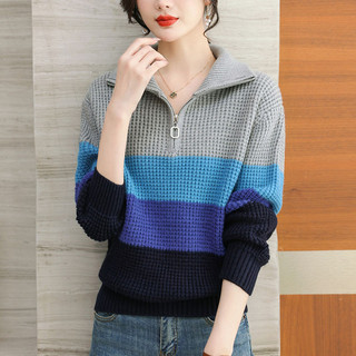 Phong Cách Mới Mẹ Trẻ Thu Đông Thời Trang Áo Len Chặn Màu Nữ Rời Plus Kích Thước Sọc Top Dệt Kim