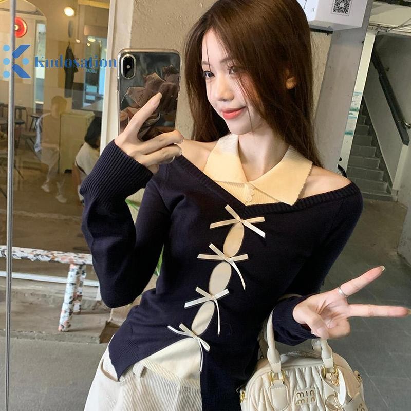 Kudosation Hàn Quốc Nữ Tắt Vai Dây Nơ Dài Tay Mỏng Giả Hai Mảnh Dệt Kim Áo Len Đẹp