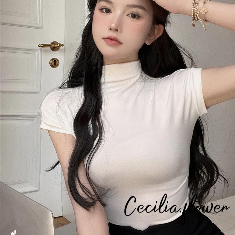 Áo Crop top co giãn dành cho nữ Slim màu trơn Mock cổ cong viền áo sơ mi không tay cho mùa hè