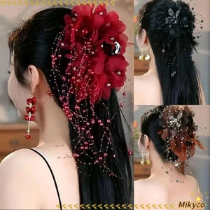Kẹp tóc MIKYCO, lông vũ hoa ngọc trai, vải tua rua bốn hoa, kẹp cá mập thanh lịch cho bé gái