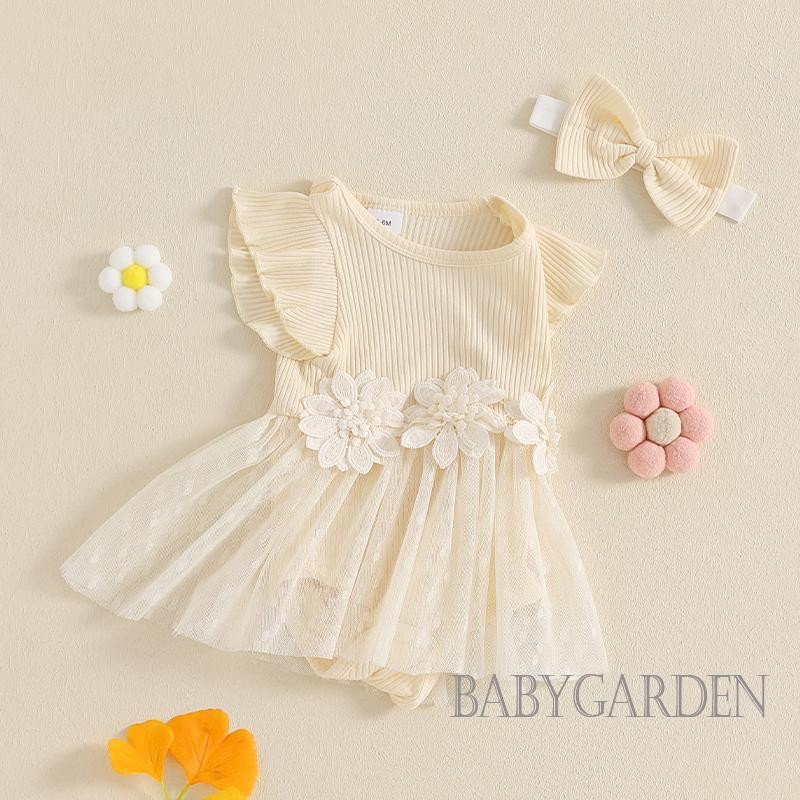 / / -Baby Girl Lưới Hem Tay Ngắn Cổ Tròn Hoa Miếng Dán Màu Trơn Dễ Thương Romper Đầm Có Nơ Băng Đô Mùa Hè