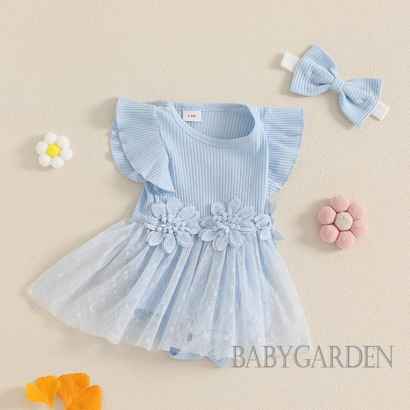/ / -Baby Girl Lưới Hem Tay Ngắn Cổ Tròn Hoa Miếng Dán Màu Trơn Dễ Thương Romper Đầm Có Nơ Băng Đô Mùa Hè