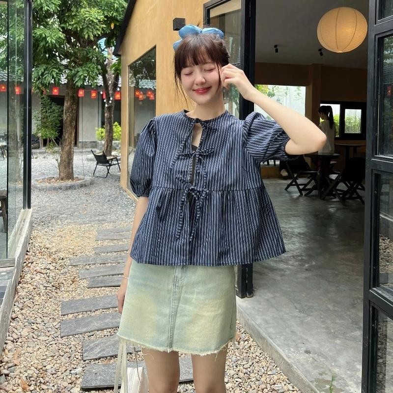 (Tặng kèm áo quây) Áo Babydoll Kẻ Buộc Nơ Tay Phồng, Áo Kiểu Nữ Tay Bồng Kèm Áo 2 Dây_A523
