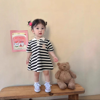 (6m-8Yrs) Mùa Hè Bé Gái Đầm Trẻ Em Đen Trắng Sọc Đầm Đan Thêu Tay Ngắn POLO Áo Sơ Mi