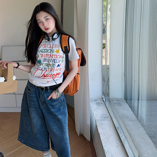 Áo thun ngắn tay in chữ đầy màu sắc mùa hè cho bé gái + Quần ống rộng cắt Denim Bộ đồ 2025 Bộ đồ hai mảnh thời trang trẻ em phong cách mới