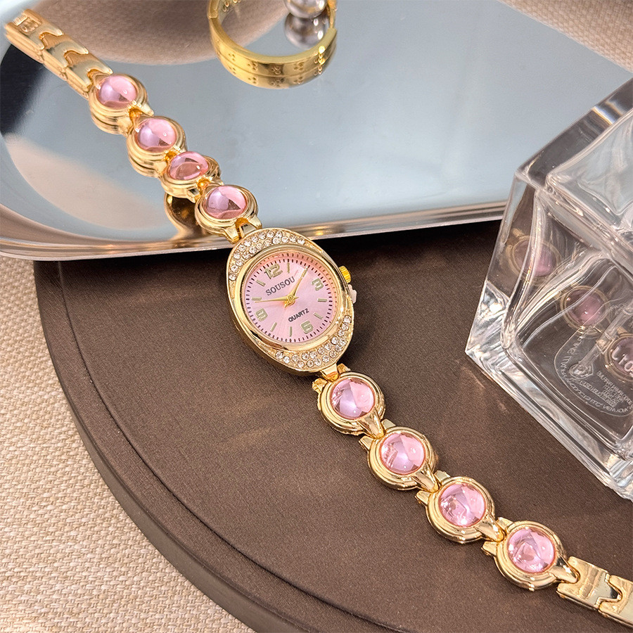 Đồng hồ nữ Bộ kim cương hình elip Vòng tay đá quý màu kho báu Fortune Treasure Đồng hồ thạch anh nữ Năm màu để lựa chọn: Trắng, Hồng, Đen, Đỏ, Xanh lục