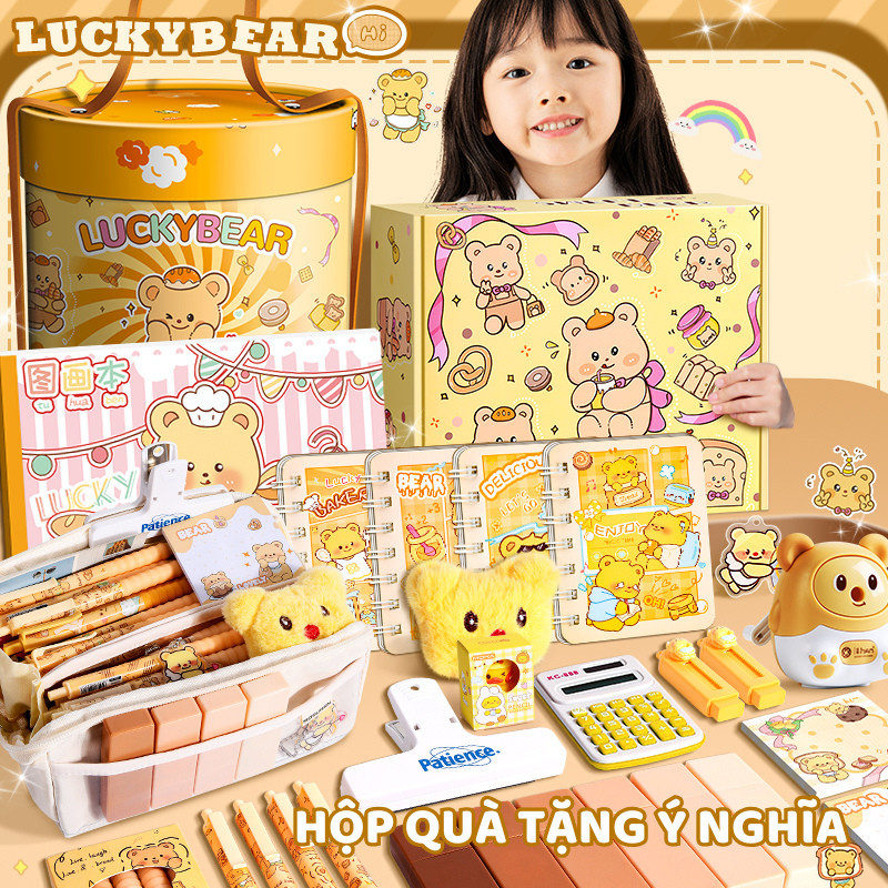 Bộ Quà Dụng Cụ Học Tập Gấu Bơ, Hộp Văn Phòng Phẩm Bút Thước Dễ Thương Cho Học Sinh