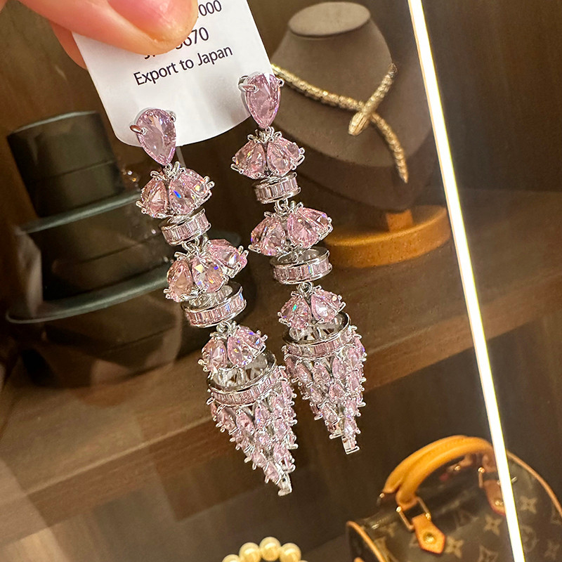 Bông tai dài Zircon màu hồng, phong cách Hàn Quốc sang trọng