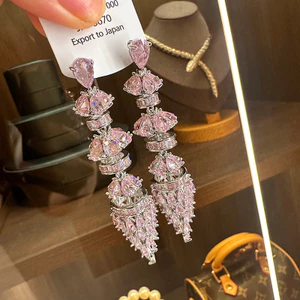 Bông tai dài Zircon màu hồng, phong cách Hàn Quốc sang trọng