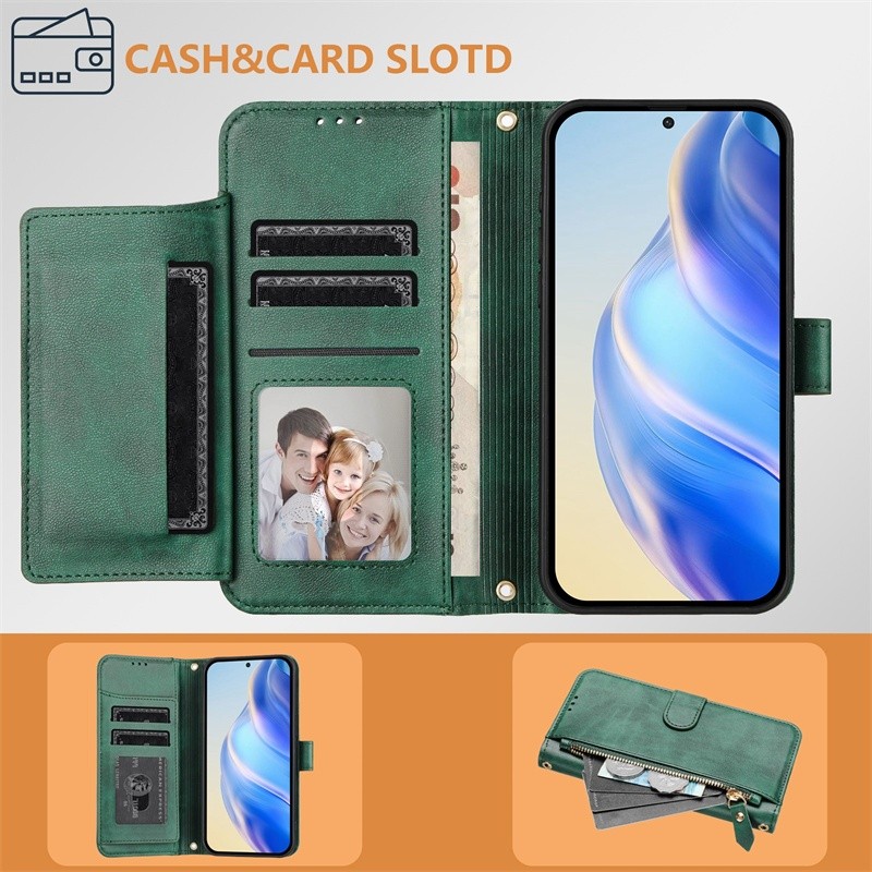 Dành Cho Iphone 13 14 15 16 Plus Pro Max 16E Retro Da PU Thẻ Bỏ Túi Khe Cắm Chống Sốc Flip Cover Thời Trang Dây Kéo Ví Điện Thoại