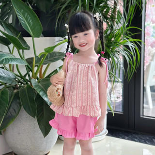 Set Bộ Hè Mát 2 Dây Sọc Hoa Cho Bé Gái Áo Đũi- Quần Cotton 8-22kg