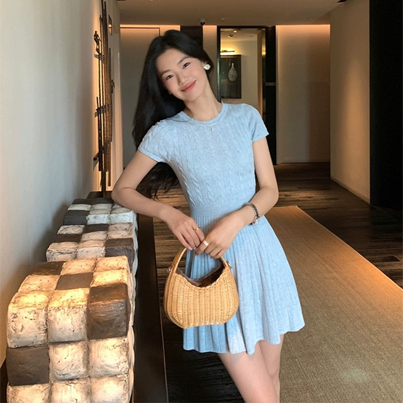 SUXI Váy dệt kim ngắn tay cổ điển đơn giản mùa hè mới dành cho nữ 250512