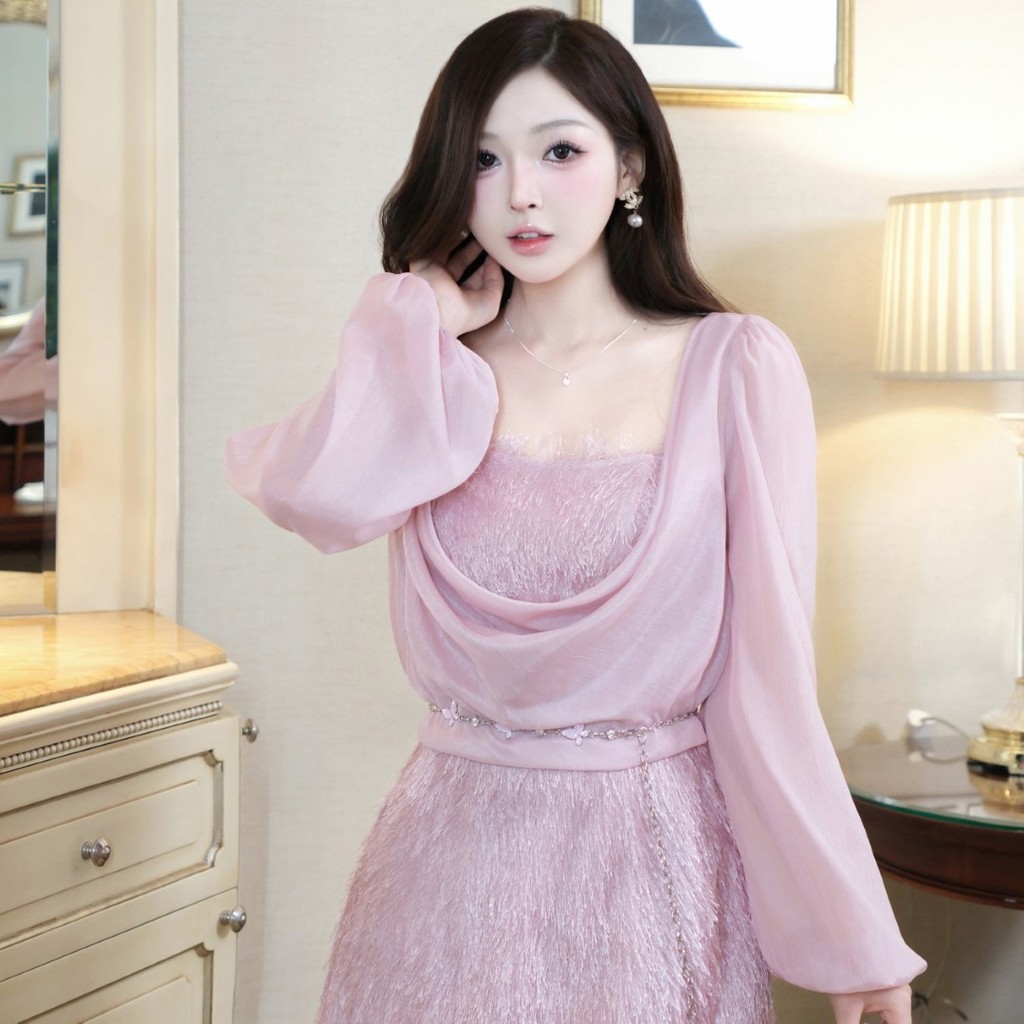 Đầm KHIẾT dáng suông lông vũ kèm áo choàng tằm phong cácg dự tiêc sang chảnh KD44