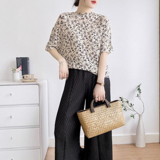 Miyake Xếp Ly Mùa Hè 2025 Phong Cách Mới Thường Ngày In Hình Hoa Nhỏ Tay Áo Thun Nữ Rời Xếp Ly Nữ Top
