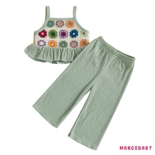 MG-Toddler Bé Gái Trang Phục Mùa Hè Móc Hoa Xù Spaghetti Dây Cao Cấp Và Quần Ống Rộng 2 Chiếc Bộ