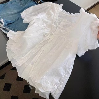 Phong Cách Hàn Quốc Nữ Nữ Rời Ruffle Baggy Áo Sơ Mi Tay Ngắn Áo Ren Thêu Giả-hai Mảnh