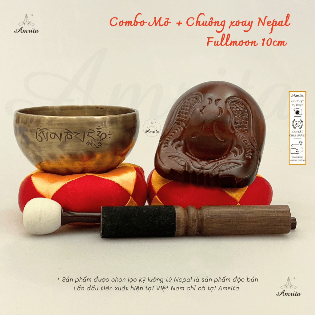 [Amrita ] Combo Mõ  + Chuông xoay Nepal Fullmoon 10cm Mini Nhỏ Gọn dễ mang đi - CXNP17 - Bộ chuông mõ tụng kinh mini