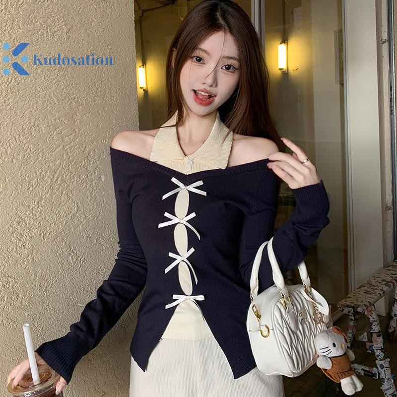 Kudosation Hàn Quốc Nữ Tắt Vai Dây Nơ Dài Tay Mỏng Giả Hai Mảnh Dệt Kim Áo Len Đẹp