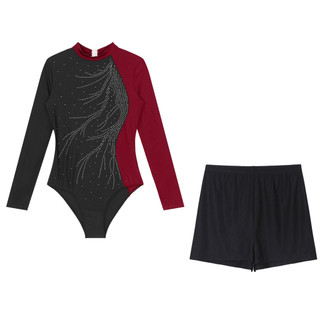 Yhong Nữ Tay Dài Choàng Cổ Màu Khối Lấp Lánh Kim Cương Giả Leotard Có Quần Short Cho Thể Dục Vũ Hình Trượt Băng