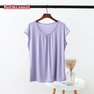 Áo thun nữ modal cotton trơn dáng rộng Áo sơ mi nữ không tay béo mm Áo thun tay ngắn Áo sơ mi trung niên Plus Size Áo thun thường ngày