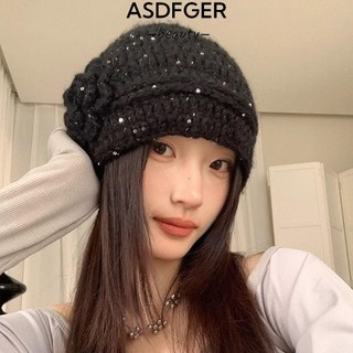 Mũ hoa lấp lánh ASDFGER, Mũ len dệt kim, Mũ len dệt kim dày dặn phong cách cổ điển kiểu Pháp Mũ nữ mùa thu đông