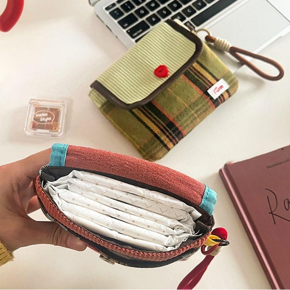 Túi đựng mỹ phẩm Mini LACYES, Túi đựng khăn ăn vệ sinh vải nhung dung tích lớn, Túi trang điểm ngọt ngào Phong cách Hàn Quốc Vải Cotton họa tiết lưới Ví sinh viên
