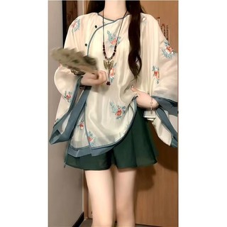 Mới Trung Quốc Cổ Điển Phong Cách Trung Quốc Nữ Tính Dài Tay Top Nữ Hai Mảnh Bộ Mùa Hè Cao Cấp Playful Viền Lớn Váy 24.12.26
