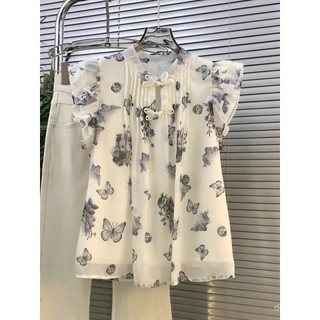 2025 Mùa hè phong cách cổ điển Trung Quốc Neo, áo chiffon tay ngắn xếp nếp in hoa, áo thiết kế cho phụ nữ trẻ trung