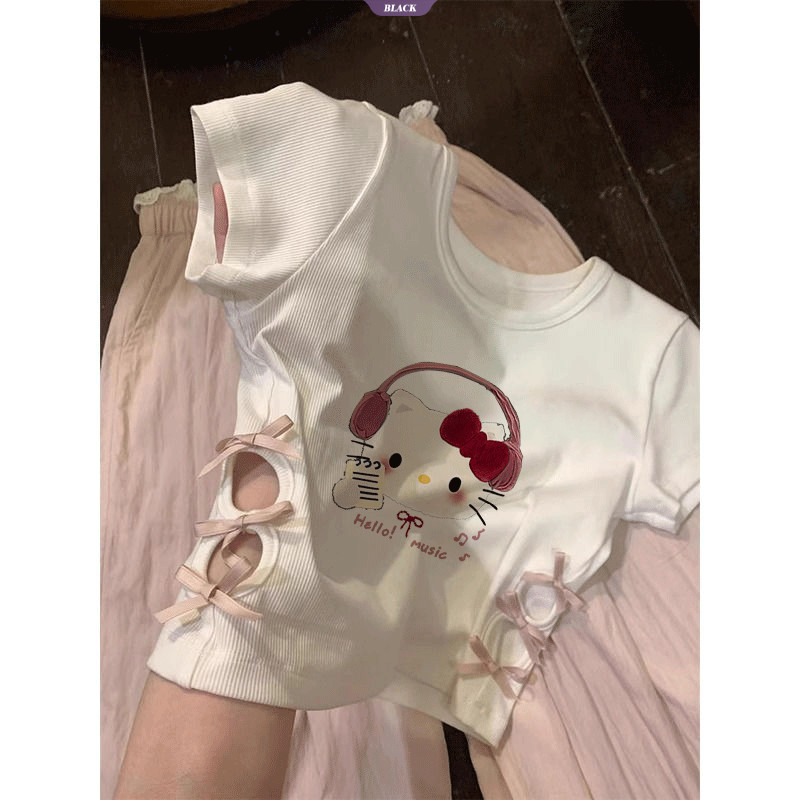 Trắng Spice Girls Áo thun ngắn tay ngắn nữ mùa hè Sweet Spice Slim Hello Kitty Hollow Out Tops [BL]