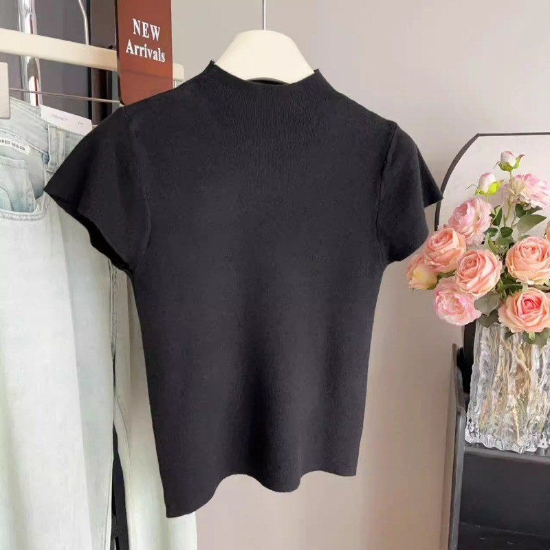 SUXI Áo thun ngắn tay dệt kim cổ cao nửa cổ màu xám đơn giản dành cho nữ mùa hè mới 250506