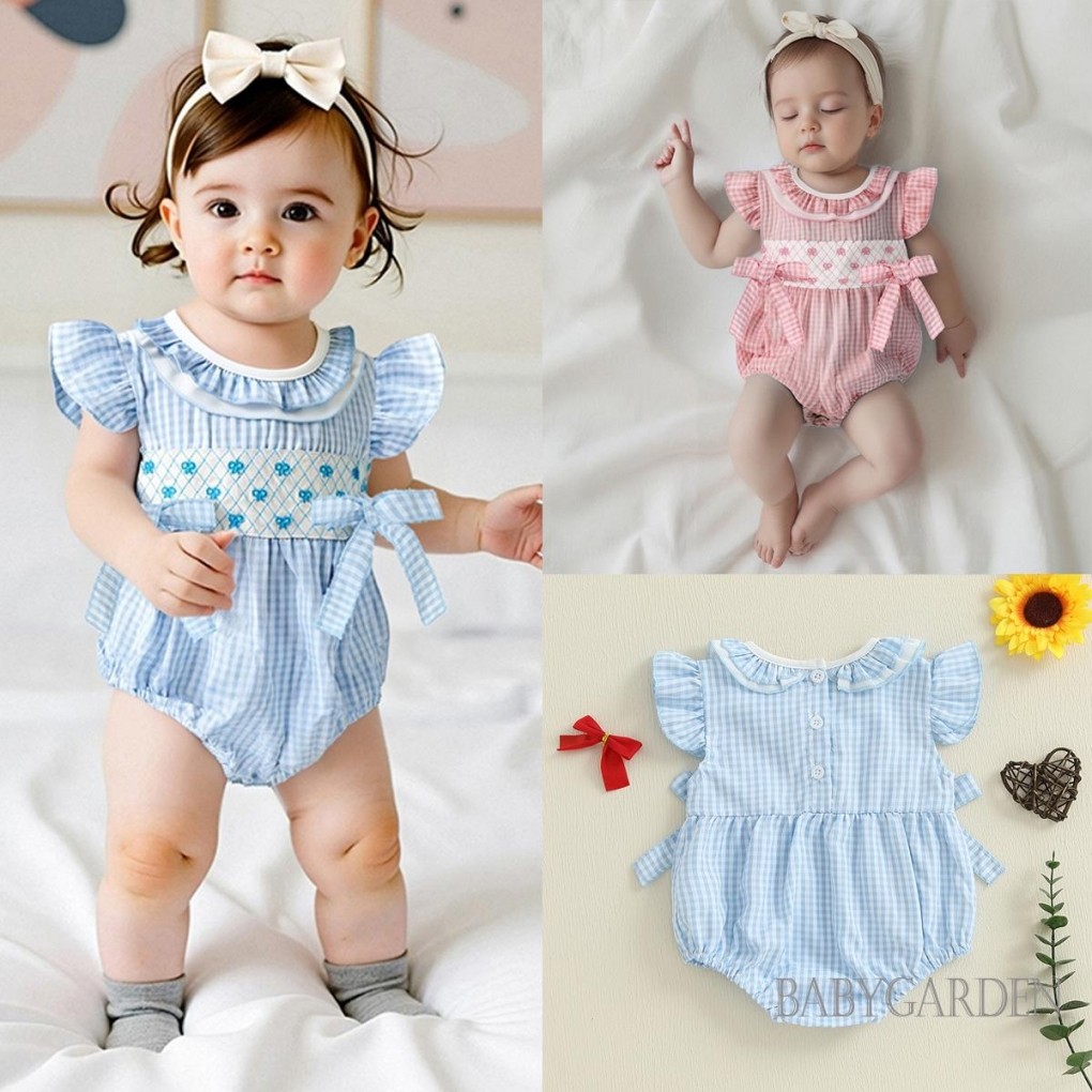 / / -Baby Bé Gái Rompers Nơ Thêu Kẻ Sọc Xù Cổ Tròn Tay Bay Quần Áo