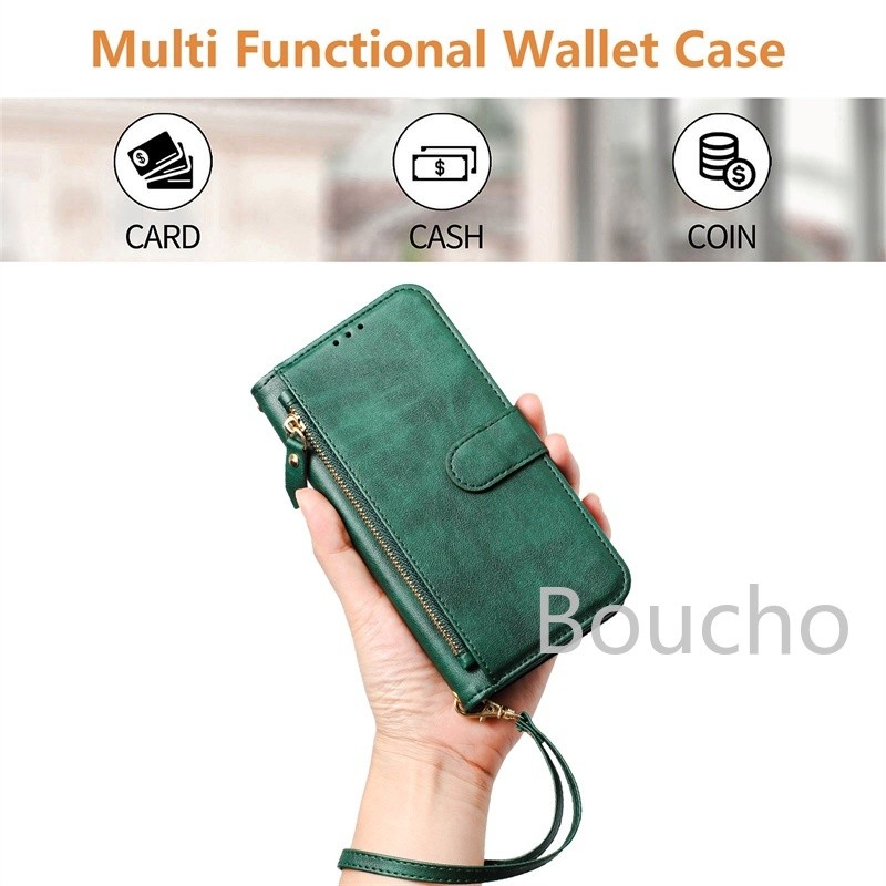Dành Cho Samsung Galaxy S6 S7 Edge S8 S9 S10 Lite S10E S20 FE Ultra Plus + Retro Da PU Thẻ Bỏ Túi Khe Lật Chống Sốc Thời Trang Dây Kéo Ví Điện Thoại