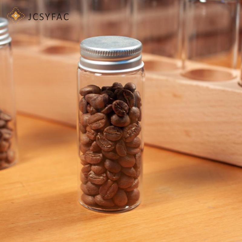 JCSYFAC Cà Phê Đậu Ống Thủy Tinh Với Dụng Cụ Nhôm Ống Đóng Chai Bảo Quản Ngũ Cốc Bằng Gỗ Kín Kín Kín Hộp Mới