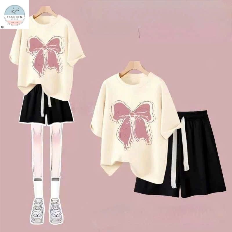 Tổng Hợp Các Sét bộ đồ cộc tay mùa hè quần đùi trơn + mix áo phông nơ form rộng unisex-quần áo 94