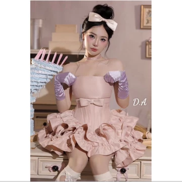 Đầm thiết kế cúp ngực corset dáng ngắn bồng xòe bèo nhún chất liệu taffa , váy xòe cúp ngực đính nơ phù hợp dự tiệc.