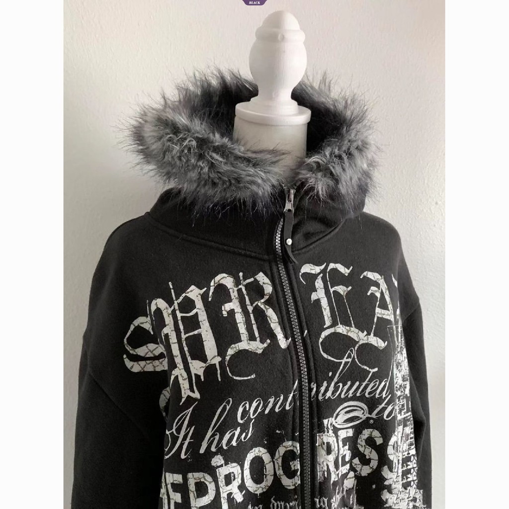 Mỹ Retro Đen Có Mũ Trùm Đầu Nữ Chữ Cái Mùa Thu Đông Đệm Zip Áo Cardigan Mới Áo Khoác Cổ Lông [BL]