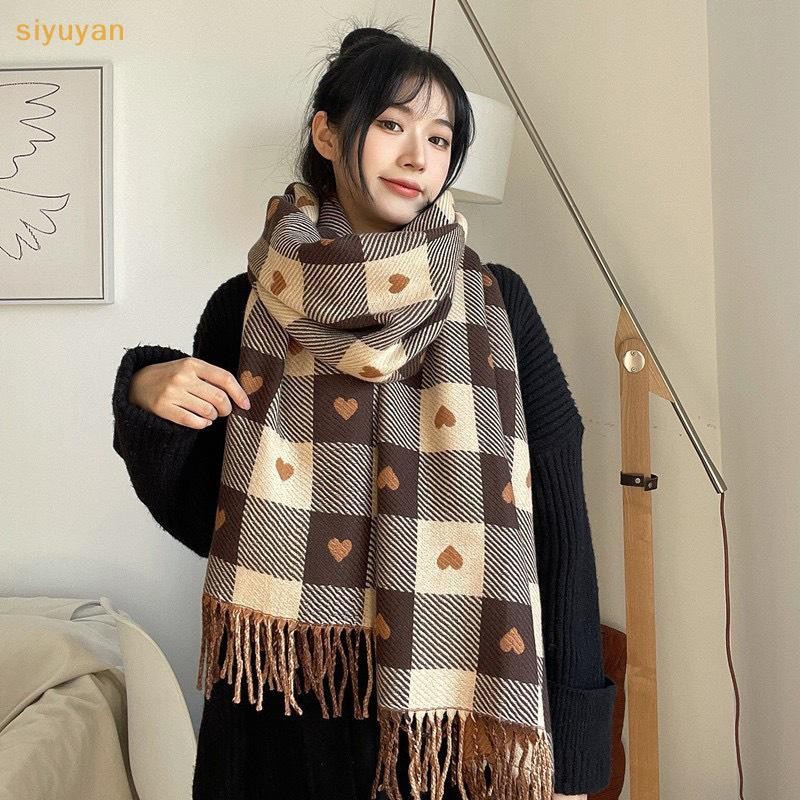 Siyuyan Mới Thu Đông Khăn Cho Nữ Dệt Kim Hình Trái Tim Kẻ Sọc Cô Gái Dễ Thương Khăn Mùa Đông Thời Trang Đại Học Khăn Choàng Cổ VN