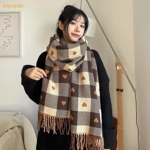 Siyuyan Mới Thu Đông Khăn Cho Nữ Dệt Kim Hình Trái Tim Kẻ Sọc Cô Gái Dễ Thương Khăn Mùa Đông Thời Trang Đại Học Khăn Choàng Cổ VN