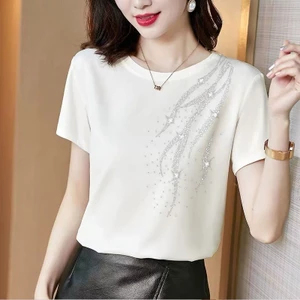 Mùa hè 2025 Mới Thời trang, giản dị, dáng rộng, thoải mái, Áo thun ngắn tay đính kim cương dành cho nữ