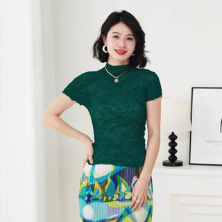 Miyake Xếp Ly Phong Cách Mới Đơn Giản Slim-fit Bên Trong Tay Ngắn Cổ Nửa Cao Áo Chui Đầu Nữ Mỏng T @ -