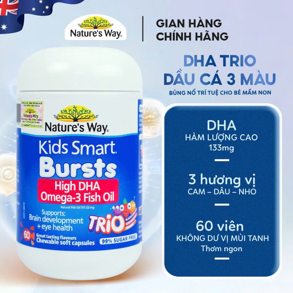 Ảnh Viên Nhai Dầu Cá Ba Màu Nature's Way Omega-3 Fish Oil Trio Hỗ Trợ Tốt Cho Não Bộ Và Mắt Cho Bé 60 Viên 1