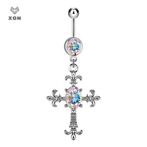 XON Khuyên Rốn Hình Thánh Giá Bằng Thép Không Gỉ Đính Đá Pha Lê Cá Tính Thời Trang Cho Nữ