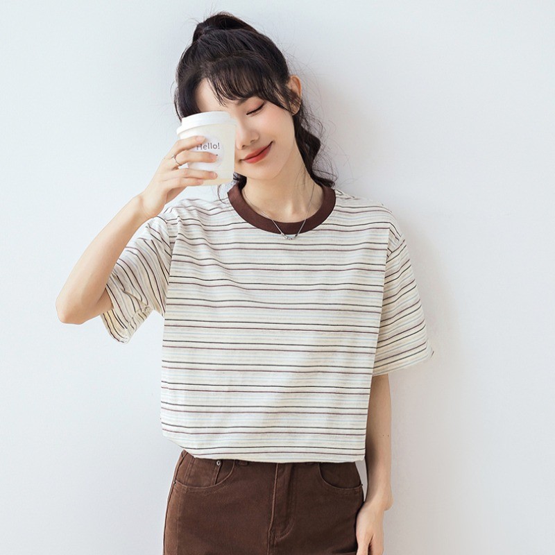 Áo thun Cotton sọc đơn giản dành cho nữ mùa hè mới 250512