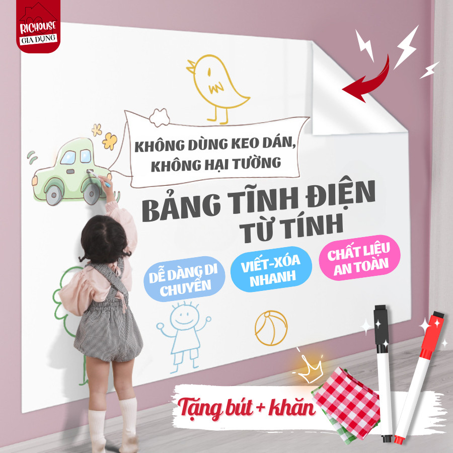 [HÀNG LOẠI 1] Bảng Trắng Dán Tường Không Dùng Keo Không Hại Tường, Bảng Viết Bút Lông Tự Dán