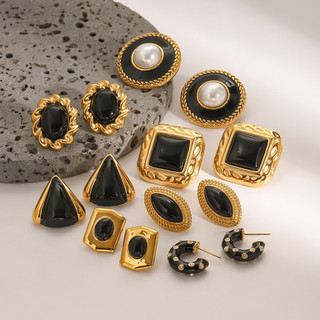 Châu Âu Mỹ ins Phong Cách Mới Thép Không Gỉ Dầu Nhỏ Giọt Đen Onyx Bông Tai Nữ