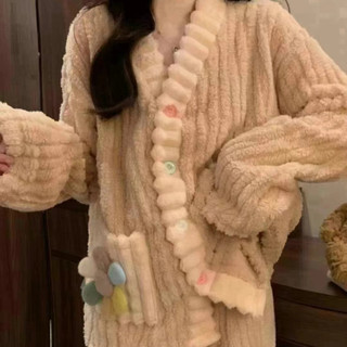 Bộ đồ ngủ cardigan cầu vồng nữ flannel áo ngủ giữ ấm mùa thu đông bộ hai chiếc đồ mặc nhà thường ngày cỡ lớn