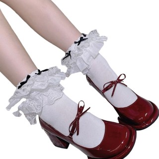 DE Vớ mắt cá nữ chất liệu cotton, thiết kế ren và ruffles viền, thêm phần xinh đẹp với nơ.