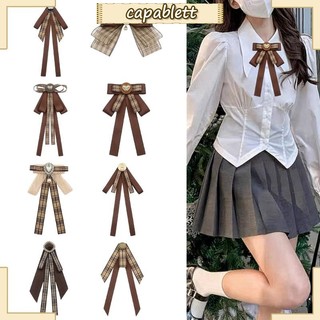 Capa Nữ Vintage Nâu Plaids Nơ Thắt Thổ Cẩm Pin Đồng Phục Pre Buộc Nơ Corsage