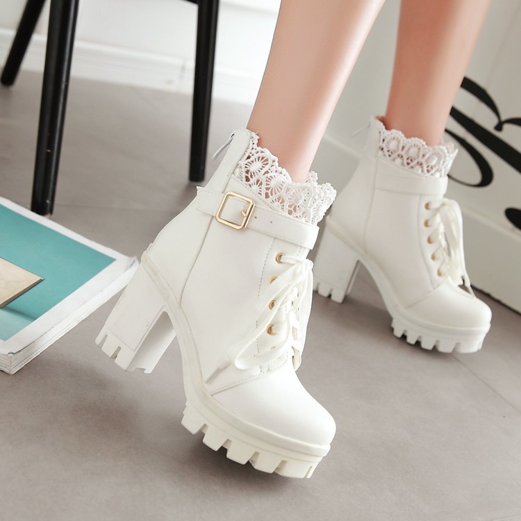 Cỡ 33-43 Size Lớn Size Nhỏ Size ngắn giày bốt đơn mùa xuân thu đông Giày Nữ Giày Bốt Martin dây buộc Gót Thô siêu cao gót Bốt ngắn phong cách Anh