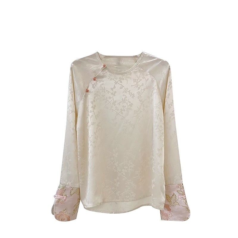 Phong Cách Trung Hoa Mới Phong Cách Trung Hoa Quần Áo Nữ 2024 Đầu Xuân Cổ Tròn Phù Hợp Với Retro Jacquard Dài Tay Áo Sơ Mi Đính Hạt Tính Khí Áo Sơ Mi